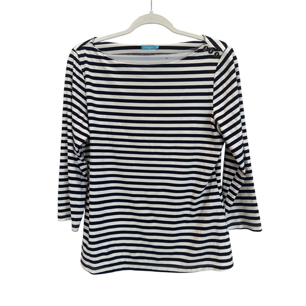 J.McLaughlin Women Top Catalina Cloth Navy White Stripe 3/4 Sleeve Boat Neck M